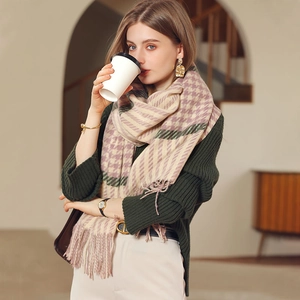 Women Imitation Cashmere Plaid Scarf Warm Winter Printed Houndstooth Tassel Scarf Long Soft Color Block Shawl Wrap For Ladies
