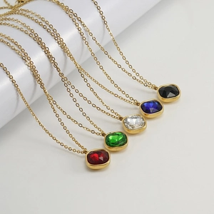 Geometric titanium steel necklace with colorful zircon square pendants on gold chain