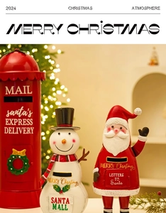 Close-up of Santa Claus, snowman, and red mail box festive Christmas decorations