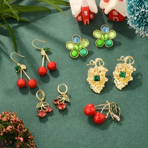 Retro Cherry Flower Earrings Brooch Alloy Rhinestone With 925 Sterling Silver Earring Post Christmas Sweet Jewelry Women
