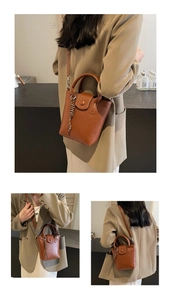 Brown leather crossbody bucket bag with decorative woven chain shown in three views