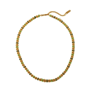 Golden stainless steel necklace featuring green olive leaf oil drip elements on white background