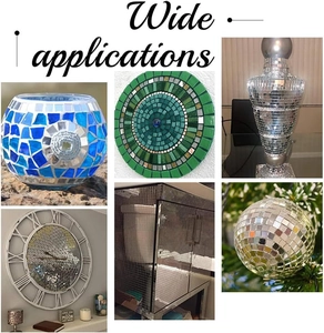 Self-adhesive mosaic mirror tiles showing wide applications on vases, clocks and home decor