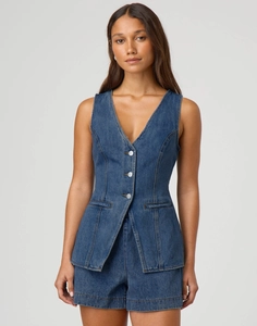 Détails du gilet en jean à col en V avec boutons et short en jean taille haute