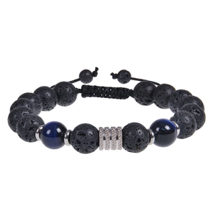 Detail of 10mm black obsidian and blue tiger eye stone bracelet with adjustable cord