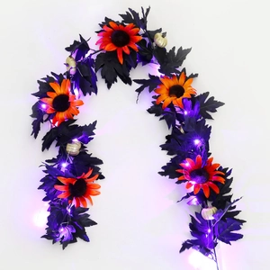 Detailed Halloween wreath with orange sunflowers, black maple leaves and gold pumpkin LED lights
