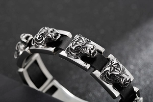 Close-up of cast stainless steel tiger head link modules on black braided male bracelet