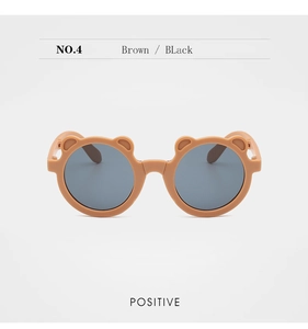 Front view of cute brown bear-ear folding sunglasses for kids with dark grey lenses