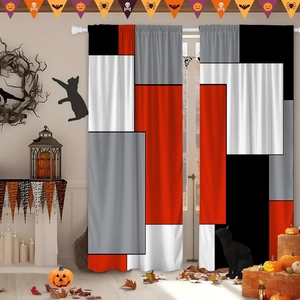 Detailed view of red and black geometric polyester curtains in a Halloween themed room