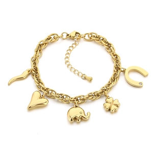 18K gold-plated stainless steel charm bracelet with heart, clover and elephant charms