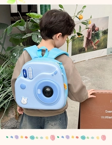 Zaino azzurro a forma di fotocamera con spallacci in mesh per bambini e bimbi