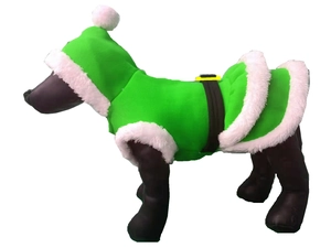 Close-up of green Christmas dog costume with white faux fur trim and black belt detail