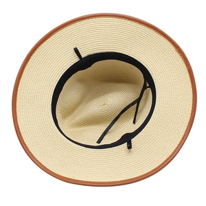 Chapeau de soleil en paille beige avec bordure en cuir et cordons de serrage réglables