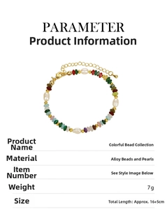 Detail view of colorful dopamine style beaded bracelet with pearls and adjustable chain