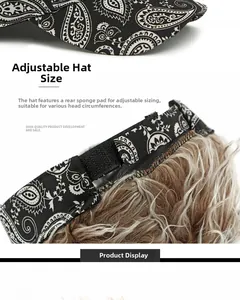 Detail of adjustable paisley visor with long curly hair extension and Velcro strap