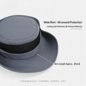 Grey breathable mesh sun hat for outdoor hiking with wide 9cm brim and quick-dry fabric