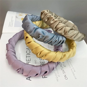 Set of 4 pleated satin headbands in purple, yellow, blue, and beige for women