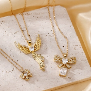 Minimalist Stainless Steel Gold Plated Pendant Necklace For Women Elegant Rhinestone Bowtie Angel Wings Heart Chain Jewelry