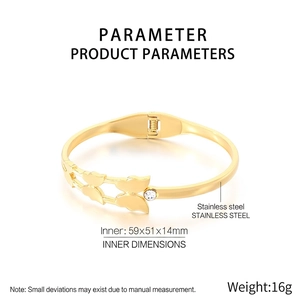 Detailed specs of 18K gold plated butterfly bangle with dimensions and weight info