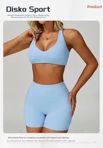 Close-up of light blue halter sports bra and high-waisted shorts with matte seamless fabric