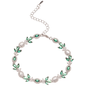 Elegant silver leaf bracelet with sparkling green cubic zirconia and adjustable chain