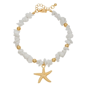 Adjustable starfish anklet with white crushed stones and gold beads for beach style
