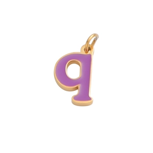 Detail of gold metal letter q pendant with purple enamel inlay on white background