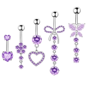 5-piece purple zircon belly button ring set in stainless steel with heart and butterfly shapes