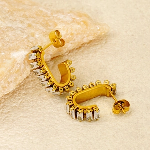 U-shaped gold stainless steel earrings with sparkling rectangular zircon gemstones