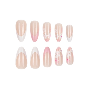 Short almond press-on nails with pink French gradient and white daisy floral patterns