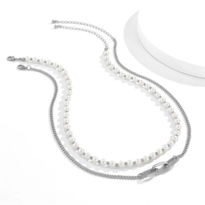 Minimalist men's double-layer necklace with white pearls and silver-tone metal chain links