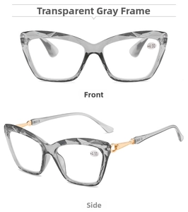 Detailansicht der Cat-Eye-Lesebrille mit transparent grauem Rahmen im Diamantschliff
