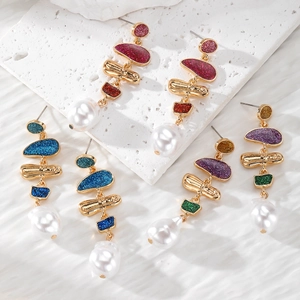 Retro Geometric Drop Earrings With Glitter Resin And Large Imitation Artificial Pearl Dangle For Women Bohemian Style