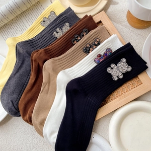 Fashionable ribbed cotton socks with rhinestone bear patches in multiple stylish colors