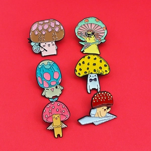 Set of six cute cartoon mushroom enamel pins with diverse designs on a bright red background