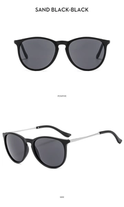 Front and side views of matte black polarized aviator sunglasses with silver metal temples