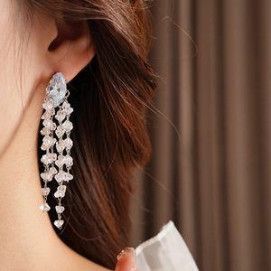 Close-up of elegant rhinestone tassel earrings with geometric crystal studs on model