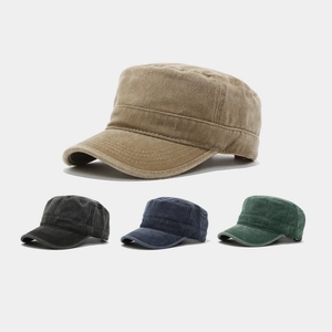 Washed Cotton Cadet Cap Retro Distressed Flat Top Hat Vintage Army Style Casual Sun Protection Adjustable
