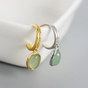 S925 silver C-shape hoop earrings with oval green aventurine pendants in gold and silver