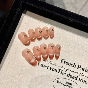 Handmade Cat Eye Press On Nails Mocha Gradient Sparkling Rhinestone French Style Almond Oval Artificial Fingernails