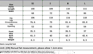 Size guide for women's high-waist trousers showing measurements from XS to L in cm