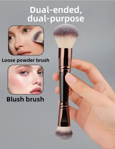 Detailed close-up of dual-head makeup brush with powder and blush bristles
