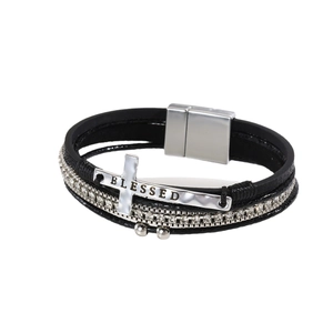 Bohemian multi-layer black leather cross bracelet with crystal pave and Blessed engraving
