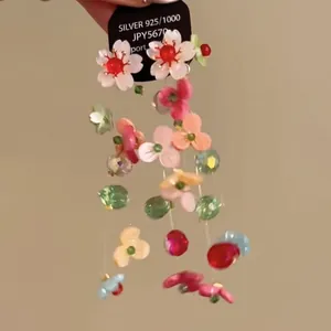 Handcrafted 925 silver resin flower tassel earrings with colorful beads and petal charms