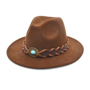 Brown wide brim wool fedora hat with ethnic turquoise band for men and women