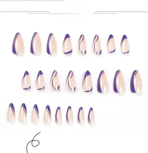 Detail of 24 pieces of almond-shaped press-on nails with lavender french line design
