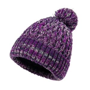 Close-up of purple mixed knit beanie with a fluffy pompom and thick ribbed cuff