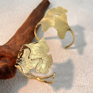 18K gold-plated stainless steel ginkgo leaf open cuff bracelets with fine vein textures