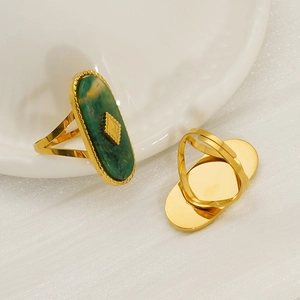 French vintage stainless steel gold ring with green oval stone and adjustable band