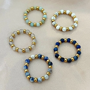Handmade Natural Stone Beaded Ring Stainless Steel Gold Beads Stretch Elastic Minimalist Boho Jewelry For Women